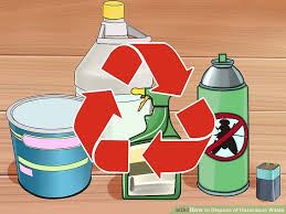 paint can, aerosol, and cleaners with recycle symbol in front