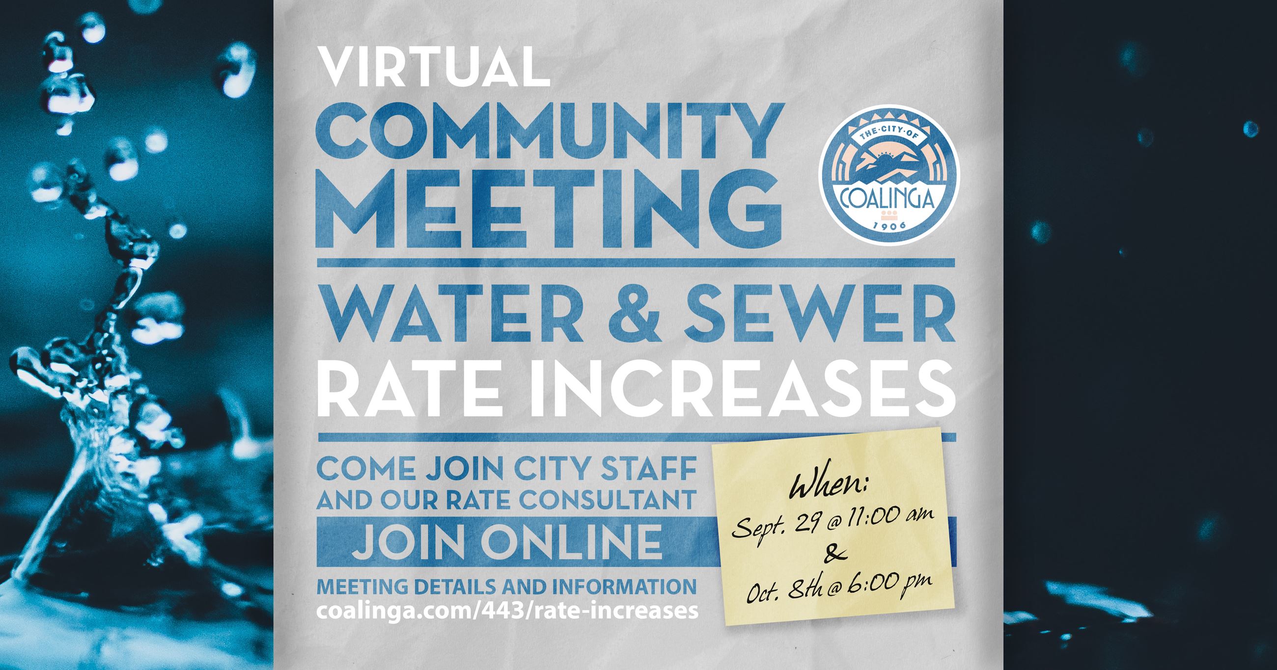 Flyer depicting the words "Virtual Community Meeting Water and Sewer Rate Discussion"